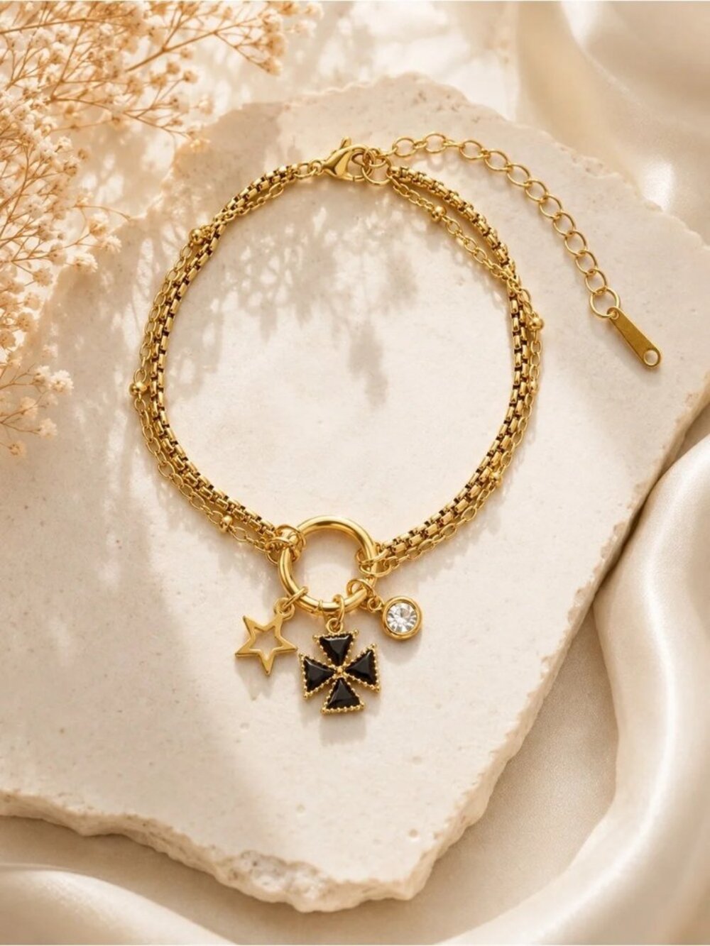 Gold Bracelet with Black Black Clover Charm - Women Jewelry